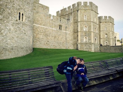 My sons in front of Windsor Castle, a layover stop before our flight to South Africa. 