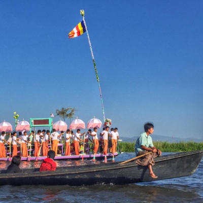 Phaung Daw Oo Pagoda Festival procession, Inle Lake. Myanmar festivals. 