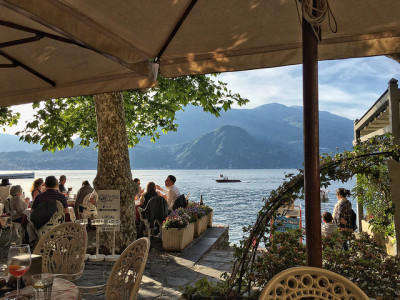 Lakeside patio views from Bar Il Molo in Varenna, Italy.